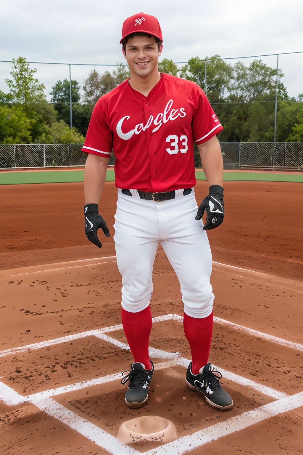 outdoors, ((baseball field)), standing at 3rd base, DevinFranco, baseballplayer, baseball uniform, red jersey, jersey number 7, (white pants), red socks, black sneakers, red baseball cap, glove, fielding position, smiling, (((full body portrait))), wide angle <lora:Clothing - Sexy Baseball Player:0.6> <lora:DevinFranco-000006:0.8>