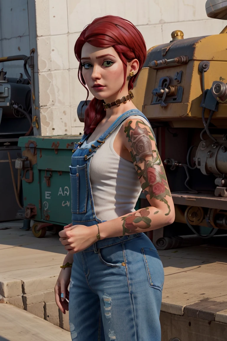 <lora:VRAMsClip:0.6>, vramsclip, 1girl, solo, white background, green eyes, red hair, choker, hair over shoulder, overalls, looking at viewer, rose tattoo