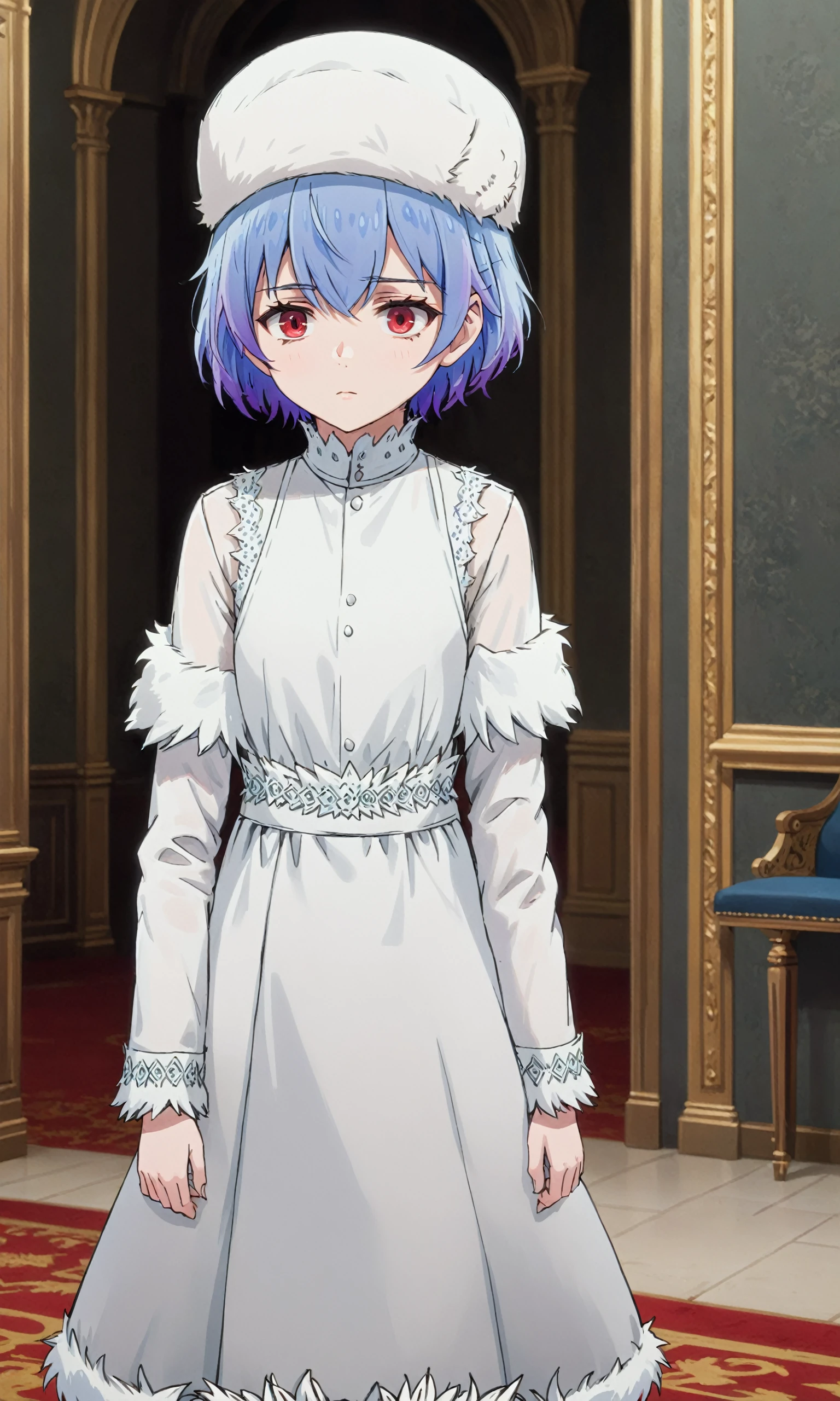 rutiragnason, blue hair, red eyes, short hair, white dress, white fur hat, expressionless, standing at attention, intricate, elegant, highly detailed, lovely colors, sharp focus, colorful, dramatic, sublime <lora:ruti-sdxl-1-000007:0.85> <lora:sd_xl_offset_example-lora_1.0:0.1>