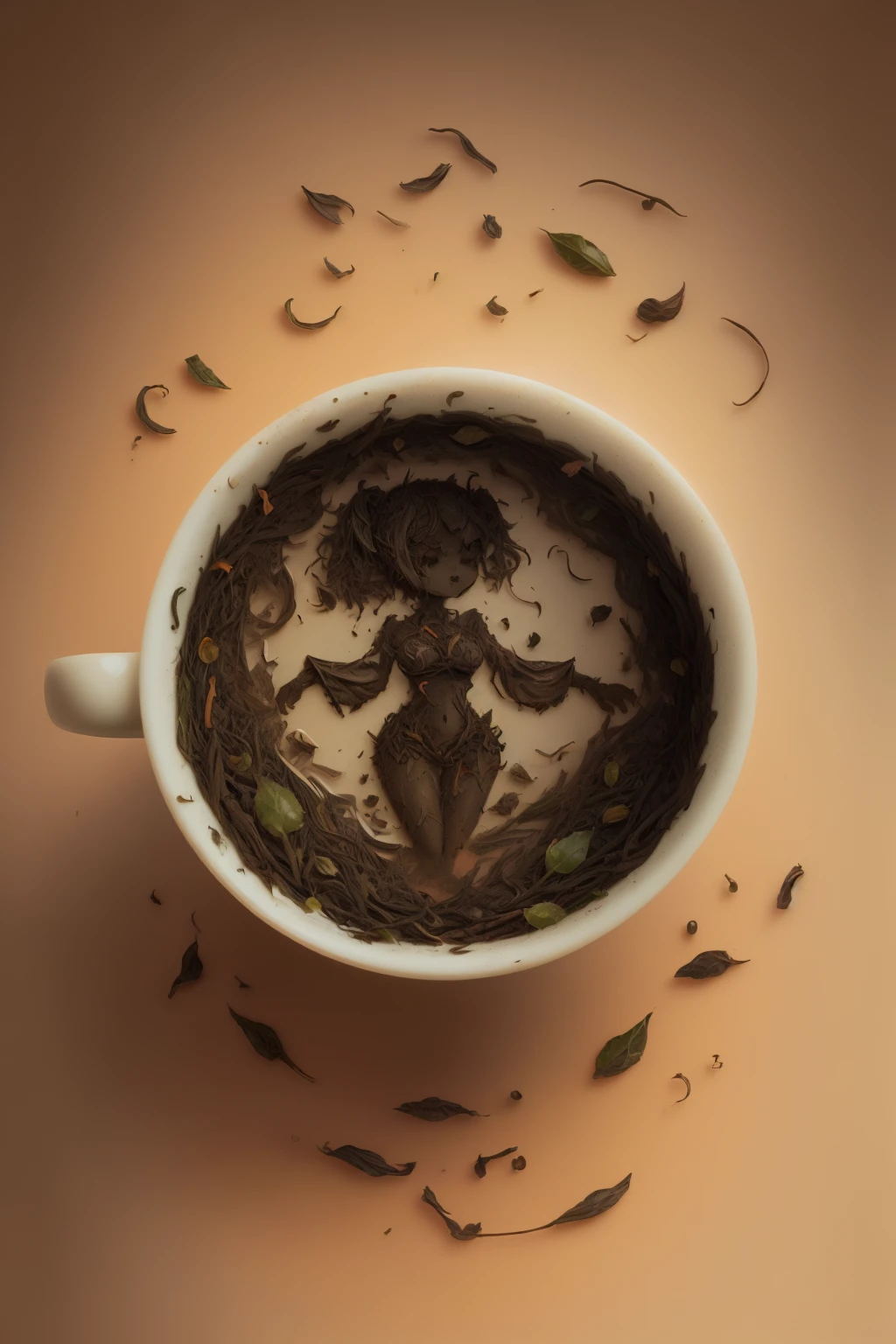 tea leaves forming the shape of a chibi woman on the bottom of an empty tea cup  <lora:Tea_Leaf_Reading_Style_SD15:1.0>