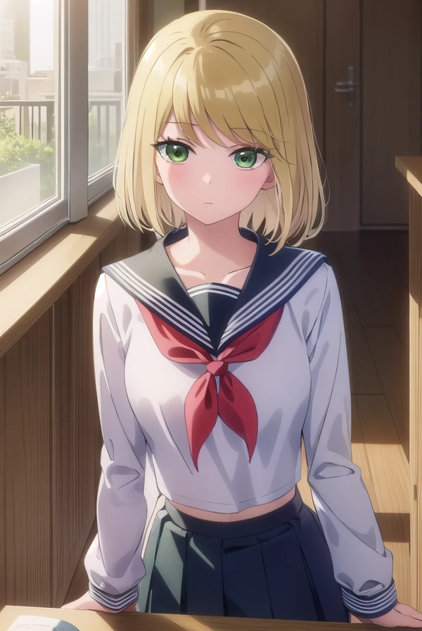 desumimagahara, <lora:desumi magahara s1-lora-nochekaiser:1>,
desumi magahara, short hair, blonde hair, (green eyes:1.3),
BREAK skirt, long sleeves, school uniform, pleated skirt, serafuku, sailor collar, neckerchief, red neckerchief,
BREAK indoors, classroom,
BREAK looking at viewer, (cowboy shot:1.5),
BREAK <lyco:GoodHands-beta2:1>, (masterpiece:1.2), best quality, high resolution, unity 8k wallpaper, (illustration:0.8), (beautiful detailed eyes:1.6), extremely detailed face, perfect lighting, extremely detailed CG, (perfect hands, perfect anatomy),