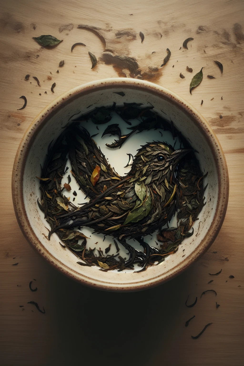 tea leaves forming the shape of a bird on the bottom of an empty tea cup  <lora:Tea_Leaf_Reading_Style_SD15:1.0>