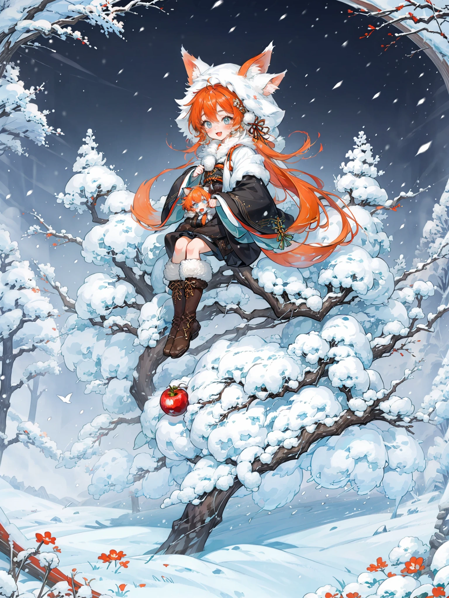 colorful,HEZI,Onmyoji,Japanese style of play,game drawing,1girl,snow,sitting,fur trim,red hair,open mouth,tail,solo,outdoors,bird,tree,snowing,animal ears,boots,hood,wide sleeves,hair rings,fang,flower,fur-trimmed boots,bangs,bell,long sleeves,blue eyes,fox tail,hair between eyes,winter,looking at viewer,teeth,brown footwear,smile,food,grey eyes,long hair,upper teeth only,branch,fur-trimmed footwear,multicolored hair,white hair,fox ears,fur-trimmed hood,mountain,apple,full body,hood up,jingle bell,fox girl,fur-trimmed sleeves,sky,animal,animal ear fluff,dress,thick eyebrows,night,fruit,orange hair,holding,ribbon,:d,rope,blush,braid,fur-trimmed dress,hair ornament,pine tree,skin fang,short eyebrows,aqua eyes,:3,<lora:é´é³å¸ç«ç»-000009:0.6>,