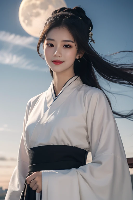 ltra-detailed,highly detailed,best quality,masterpiece,illustration,realistic,photorealistic,
hanfu, 1girl, solo,
upper body, looking at viewer, smile,
outdoors,sky, day, cloud, night,moon,wind, floating hair, floating clothes,
<lora:white hanfu_v1_01:0.7>