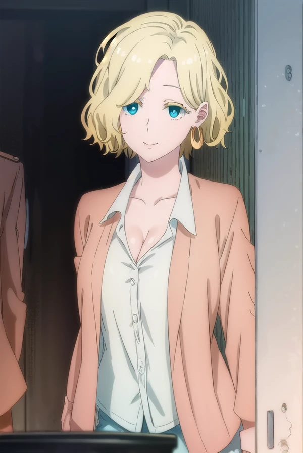 ferrisolston, <lora:ferris olston s1-lora-nochekaiser:1>,
ferris olston, short hair, blonde hair, (green eyes:1.3), mature female, smile,
BREAK shirt, cleavage, jewelry, collarbone, jacket, white shirt, earrings, collared shirt, brown jacket, hoop earrings,
BREAK indoors,
BREAK looking at viewer, (cowboy shot:1.5),
BREAK <lyco:GoodHands-beta2:1>, (masterpiece:1.2), best quality, high resolution, unity 8k wallpaper, (illustration:0.8), (beautiful detailed eyes:1.6), extremely detailed face, perfect lighting, extremely detailed CG, (perfect hands, perfect anatomy),