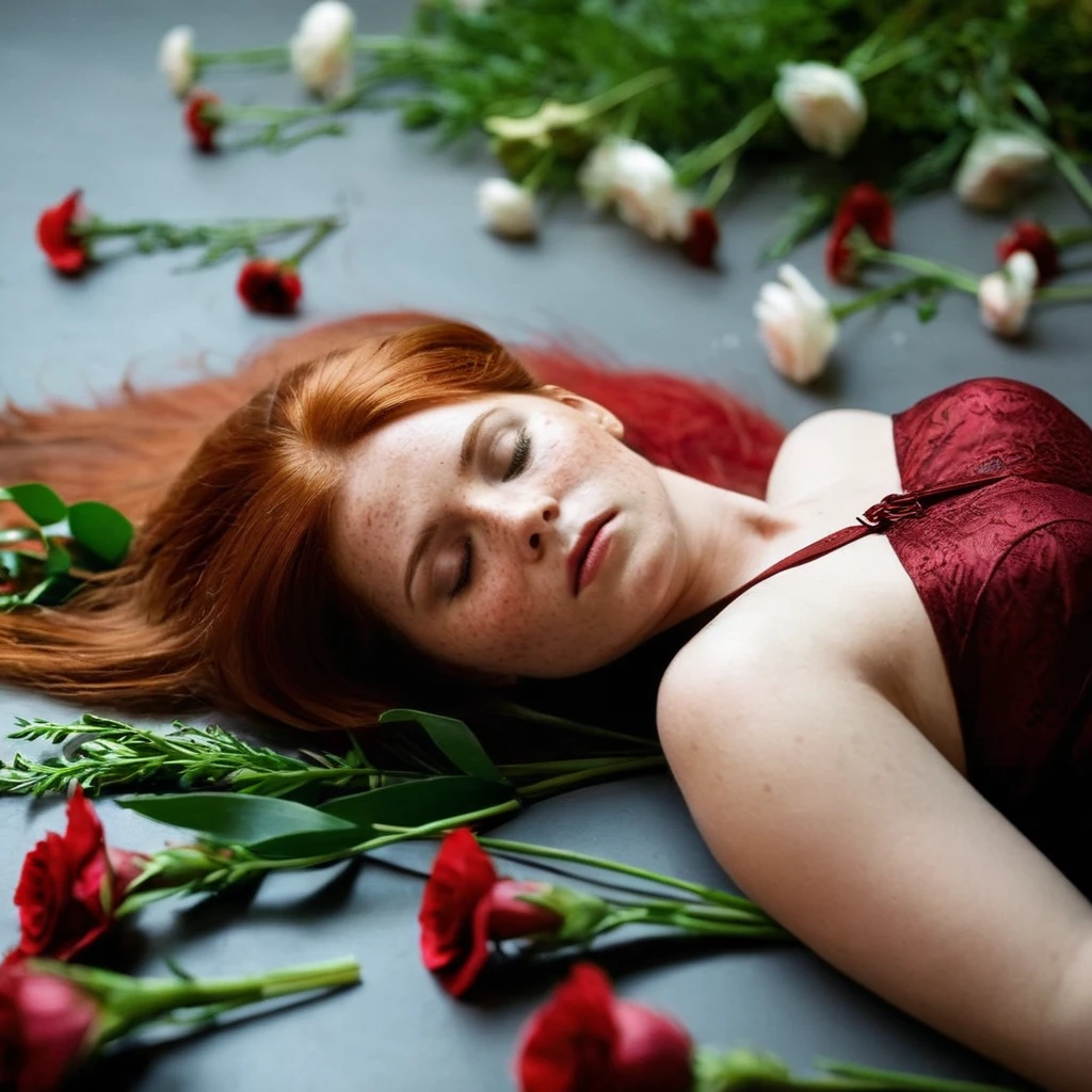 cinematic film still of <lora:Kodak Motion Picture Film Style v4:1>
An Oscar winning for Best high angle from above Cinematography a closeup of a red hair woman with freckles on her face and a bunch of flowers in her hair laying down on ground floor while looking at camera Kodak Motion Picture Film Style, shallow depth of field, vignette, highly detailed, high budget, bokeh, cinemascope, moody, epic, gorgeous, film grain, grainy