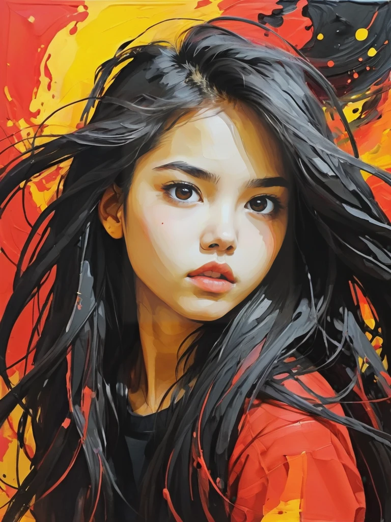 abstract expressionist painting ink art style sketch of cute 18yo (apoloniaa:0.3) (Lalisa Manoban:0.7), (narrow lips:1.4), [red, orange and yellow color palette], extremely detailed, long black windy hair, <lora:Apolonia_Lapiedra:0.5> . energetic brushwork, bold colors, abstract forms, expressive, emotional