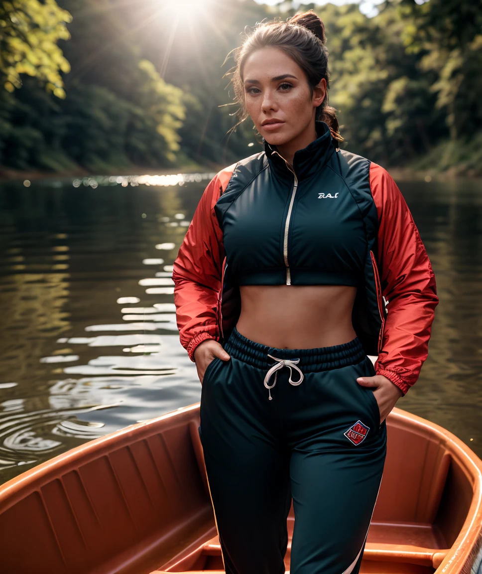 cinematic photo , lens flare, realistic, depth of field, RAW photo, <lora:quiron_Eva Lovia_v1_lora:0.77> EvaLoviaQuiron woman,  . 35mm photograph, film, bokeh, professional, 4k, highly detailed, realistic,  a woman Canoeing or kayaking wearing Cropped jacket and Cargo joggers: A combination of cargo pants and joggers, with a relaxed fit and multiple pockets.,