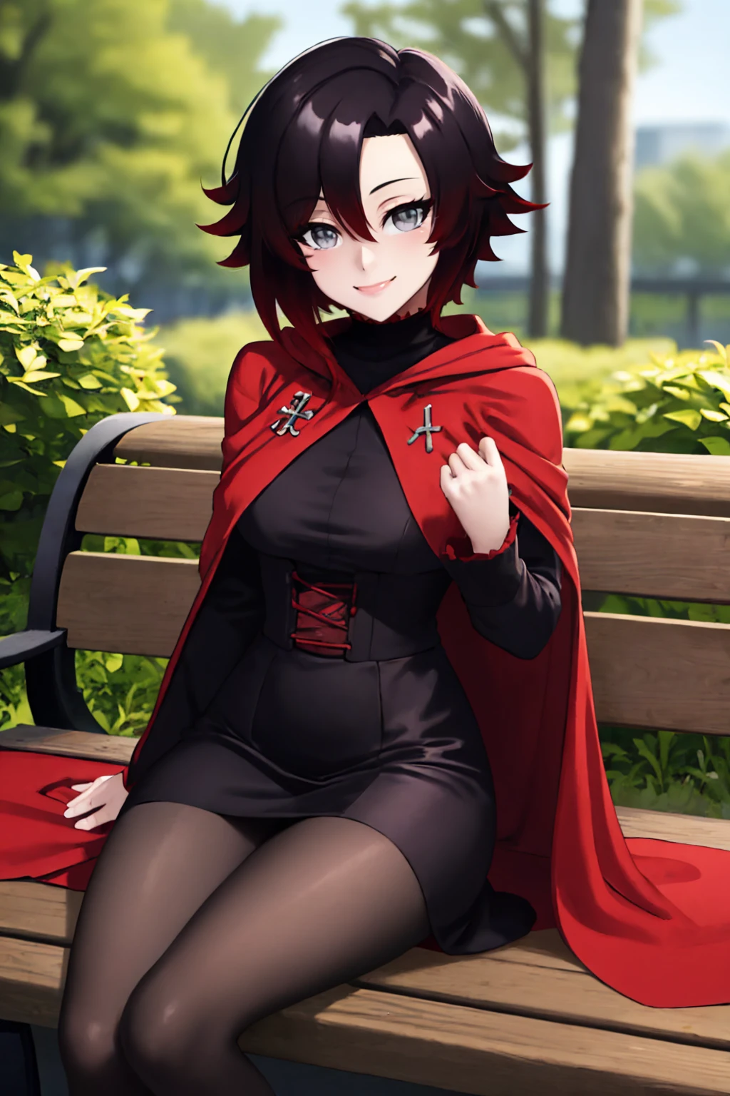 (masterpiece, best quality:1.2), solo, 1girl, ruby rose, smile, looking at viewer, sitting, bench, black dress, long sleeves, red cape, pantyhose <lora:style_cslucaris-12:1> <lora:rwby_rose-10:0.8>