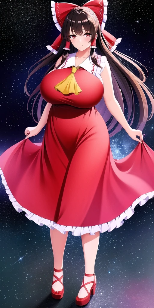 <lora:ReimuV2:0.7> hakureireimu, huge_breasts, standing, solo, sundress, starry_sky,, masterpiece, best quality, detailed face, detailed eyes, highres,