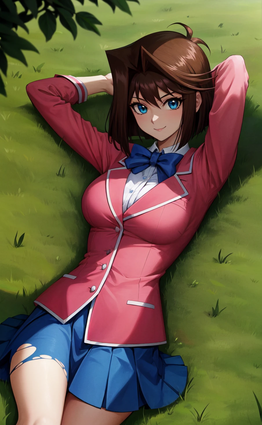 masterpiece, best quality, highres,
AnzuDef, > <, 1girl, solo, breasts, smile, short hair, blue eyes, large breasts, brown hair,
skirt, shirt, long sleeves, bow, school uniform, jacket, white shirt, pleated skirt, collared shirt, miniskirt, bowtie, blurry, blue skirt, blue bow, blazer, impossible clothes, blue bowtie, pink jacket, yu-gi-oh!,
<lora:LoRA_Anzu:1>, lying, on back, looking at viewer, arms behind head, outdoors, grass, field, forest, sunlight, cloudy, laughing, (torn clothes:1.6),