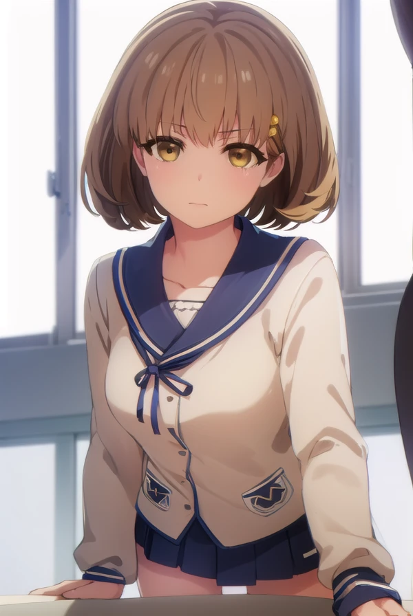 kimiekamata, <lora:kimie kamata s1-lora-nochekaiser:1>,
kimie kamata, short hair, brown hair, hair ornament, (brown eyes:1.5),
BREAK skirt, long sleeves, school uniform, pleated skirt, serafuku,
BREAK indoors, classroom,
BREAK looking at viewer, (cowboy shot:1.5),
BREAK <lyco:GoodHands-beta2:1>, (masterpiece:1.2), best quality, high resolution, unity 8k wallpaper, (illustration:0.8), (beautiful detailed eyes:1.6), extremely detailed face, perfect lighting, extremely detailed CG, (perfect hands, perfect anatomy),