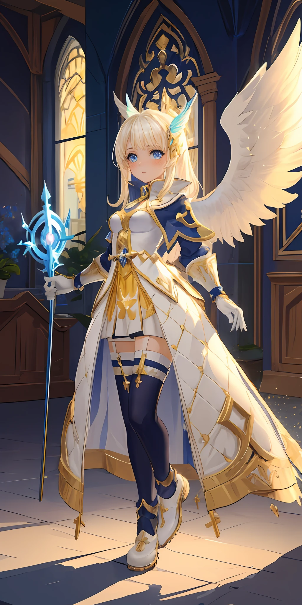 masterpiece, best quality, ultra-detailed, ****, 1girl, solo, rom_saint, beautiful, determined face, white dress with blue edgings, holding staff, angel wings,  full body shot, looking at viewer, Blush of dawn theme, vivid colors,  light particles, light rays, wallpaper, colorful, tranquil and magical atmosphere, 
<lora:rom_saint-10:0.7> <lora:add_detail:0.5>