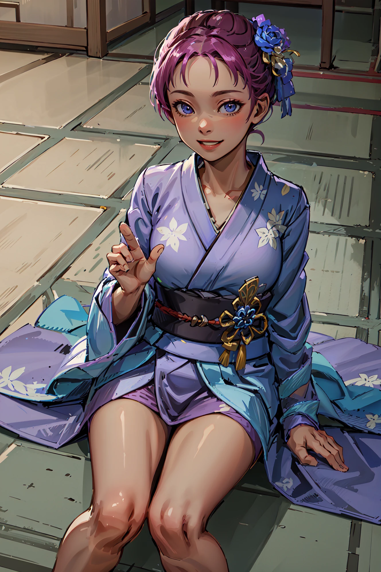 relaxing,smile,dynamic angle,<lora:fionaV1:1>,fiona,short hair,forehead,nightwear,uchikake (wedding kimono),department store,(masterpiece, best quality, ultra-detailed, best shadow)