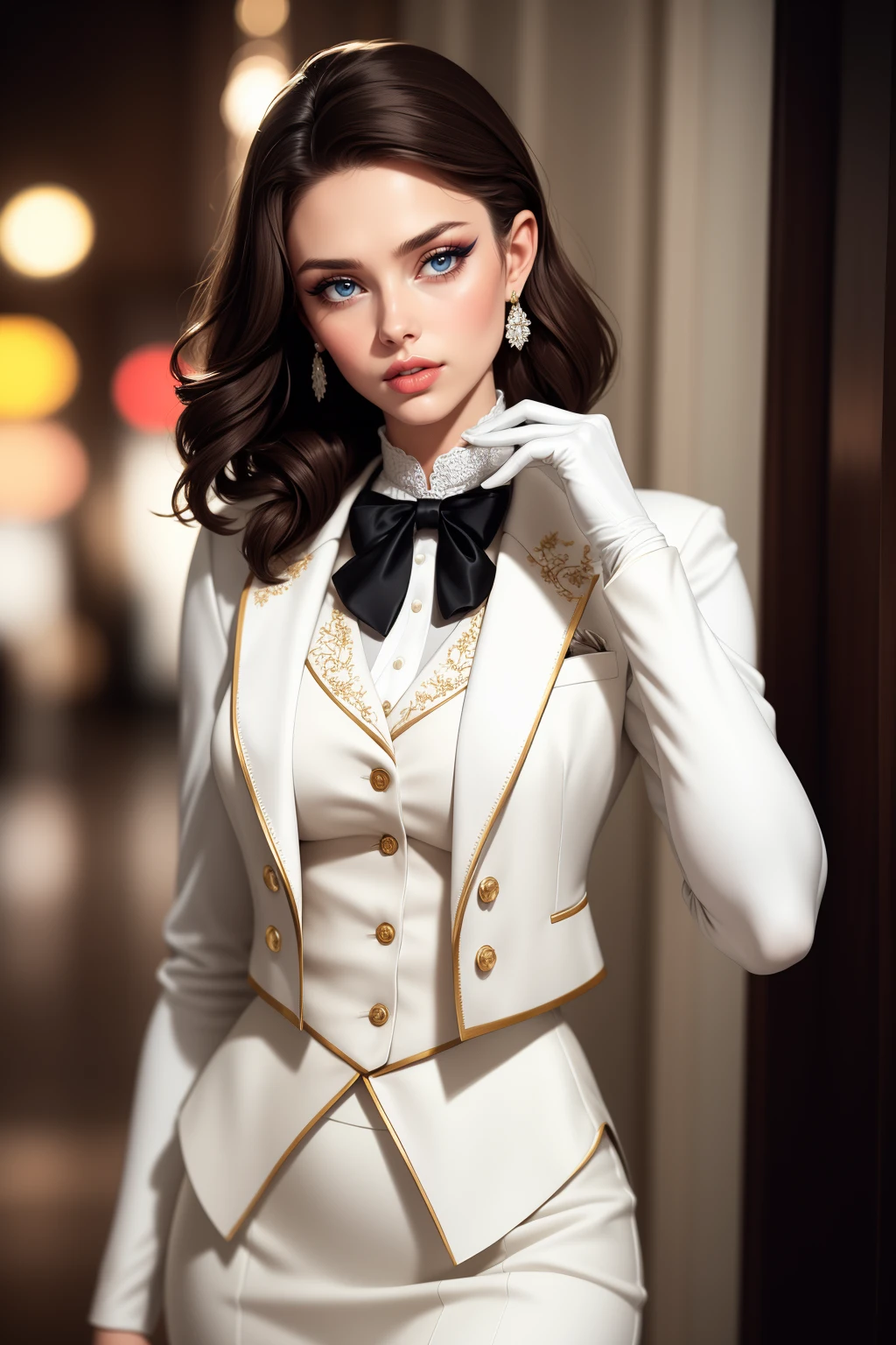 cinematic film still EmilyDiDonato, age 30, long skirt, blue eyes, brown hair,  collar, jewelry, earrings,  mid shot,  <lora:EmilyDiDonato2-45:0.8> parted lips, (makeup, eyeliner, eyeshadow), bokeh, textured skin, (white gloves), standing,  butler outfit, vest,  tailcoat:1.2, elegant and sophisticated, Victorian era influence, tailored jacket, crisp white shirt, ascot, high-waisted trousers, polished leather boot heels, detailed embroidery, monochrome color palette,  cinematic lighting 8k resolution,  . shallow depth of field, vignette, highly detailed, high budget, bokeh, cinemascope, moody, epic, gorgeous, film grain, grainy