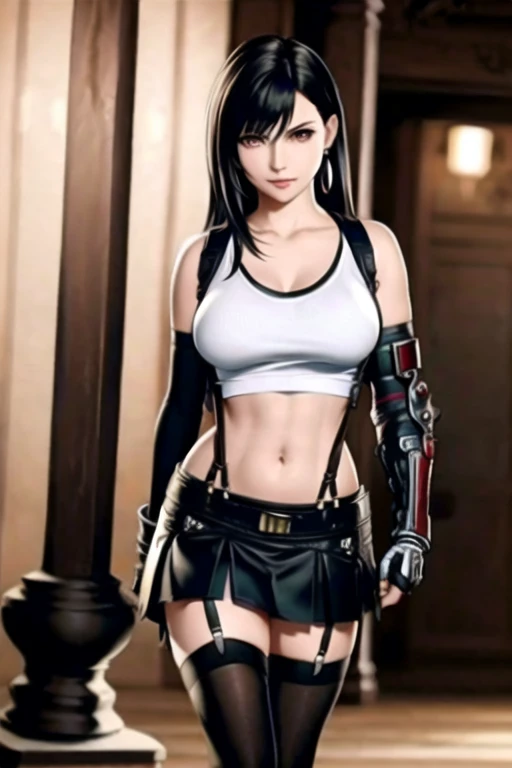 (masterpiece:1.2), best quality, masterpiece, highres, original, extremely detailed wallpaper, perfect lighting,(extremely detailed CG:1.2), drawing, paintbrush, 1girl, 3d, arm guards, black legwear, black skirt, blurry, blurry background, blurry foreground, breasts, crop top, depth of field, earrings, elbow gloves, elbow pads, fingerless gloves, gloves, jewelry, long hair, midriff, navel, skirt, solo, standing, suspender skirt, suspenders, tank top, taut clothes, taut shirt, thighhighs, tifa lockhart, white tank top, zettai ryouiki, <lora:tifa:0.6>