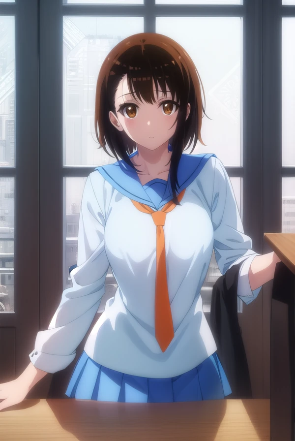 kosakionodera, <lora:kosaki onodera s2-lora-nochekaiser:1>,
kosaki onodera, short hair, bangs, brown hair, (brown eyes:1.3), short hair with long locks, asymmetrical hair,
BREAK skirt, shirt, thighhighs, school uniform, collarbone, white shirt, pleated skirt, necktie, serafuku, sailor collar, blue skirt, blue sailor collar, (orange necktie:1.2),
BREAK indoors, classroom,
BREAK looking at viewer, (cowboy shot:1.5),
BREAK <lyco:GoodHands-beta2:1>, (masterpiece:1.2), best quality, high resolution, unity 8k wallpaper, (illustration:0.8), (beautiful detailed eyes:1.6), extremely detailed face, perfect lighting, extremely detailed CG, (perfect hands, perfect anatomy),