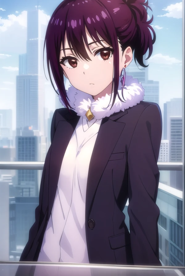 hanakirisaki, <lora:hana kirisaki s2-lora-nochekaiser:1>,
hana kirisaki, purple hair, (brown eyes:1.3), ponytail, short hair, hair between eyes,
BREAK formal, suit, office lady, fur trim, earrings,
BREAK outdoors,
BREAK looking at viewer, (cowboy shot:1.5),
BREAK <lyco:GoodHands-beta2:1>, (masterpiece:1.2), best quality, high resolution, unity 8k wallpaper, (illustration:0.8), (beautiful detailed eyes:1.6), extremely detailed face, perfect lighting, extremely detailed CG, (perfect hands, perfect anatomy),