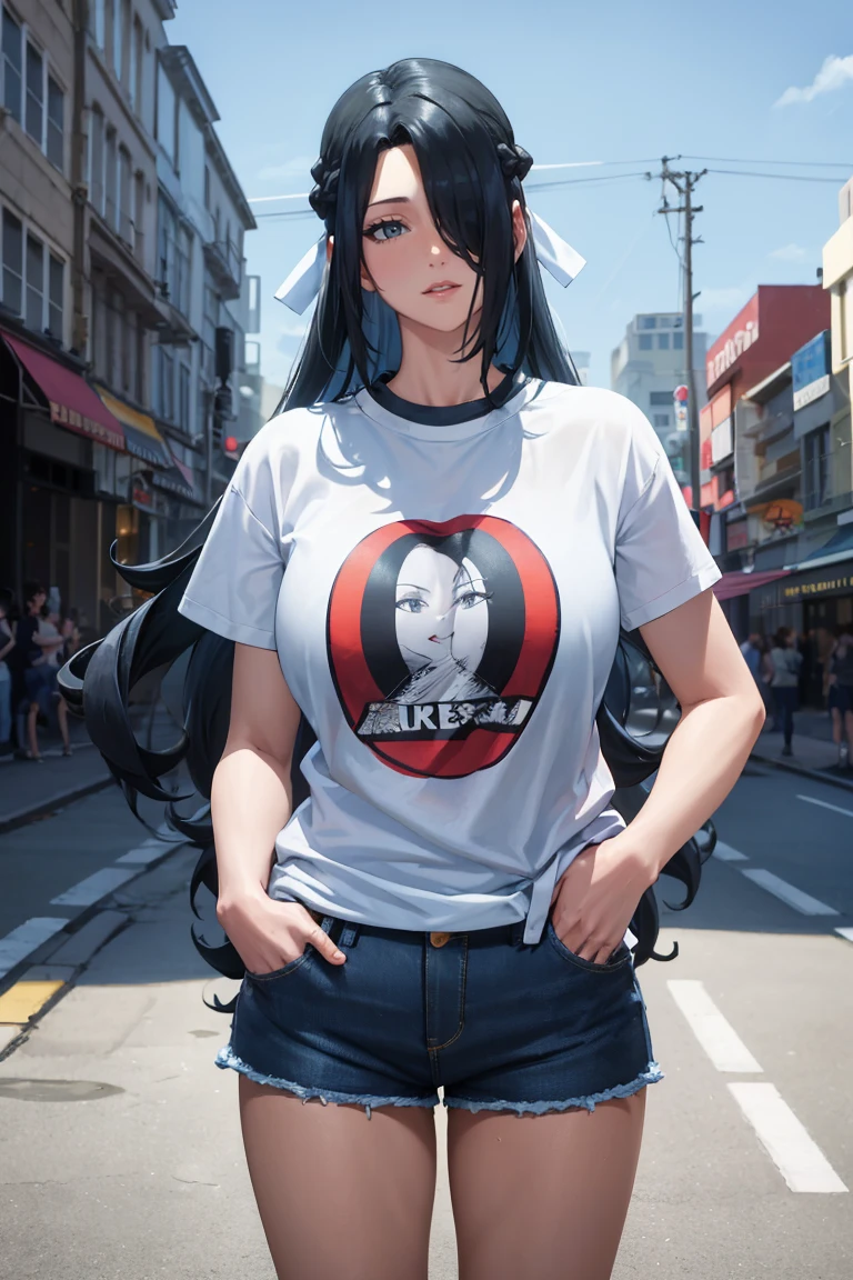 masterpiece, best quality, absurdres, AzumaFubuki, long hair, hair over one eye, hair ribbon, t-shirt, denim shorts, standing, outdoors, city, hands in pockets, <lora:CHAR-AzumaFubuki:1>