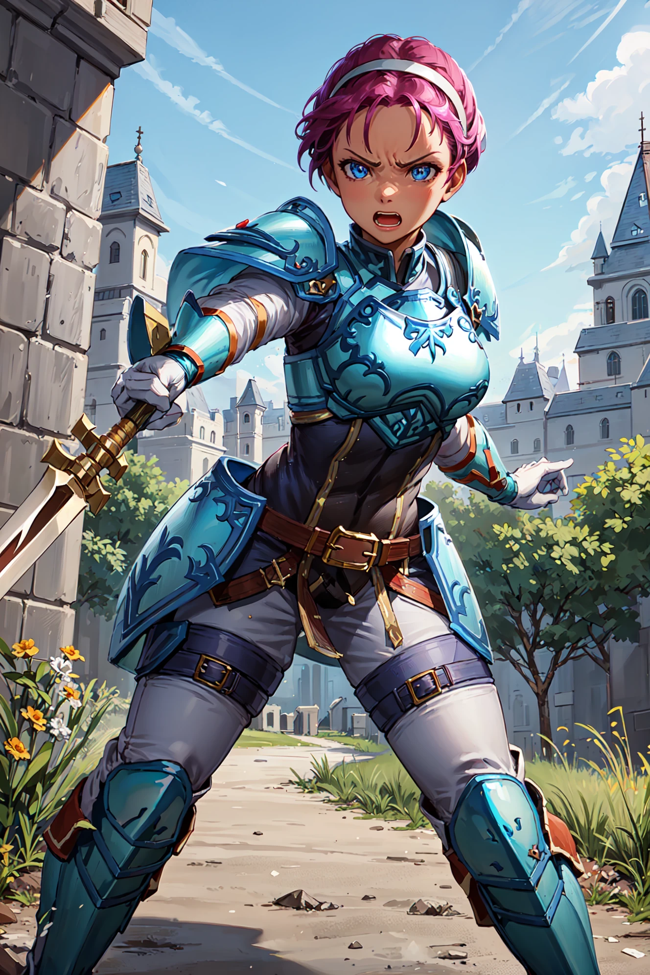 (holding polearm,fighting stance,angry),<lora:fionaV1:0.8>,fiona,short hair,forehead,armor, armored boots, belt, breastplate,hairband, shoulder armor, looking at viewer,white pants, white gloves, gauntlets, jewelry, knee boots,outdoors,castle gate,(masterpiece, best quality, ultra-detailed, best shadow)