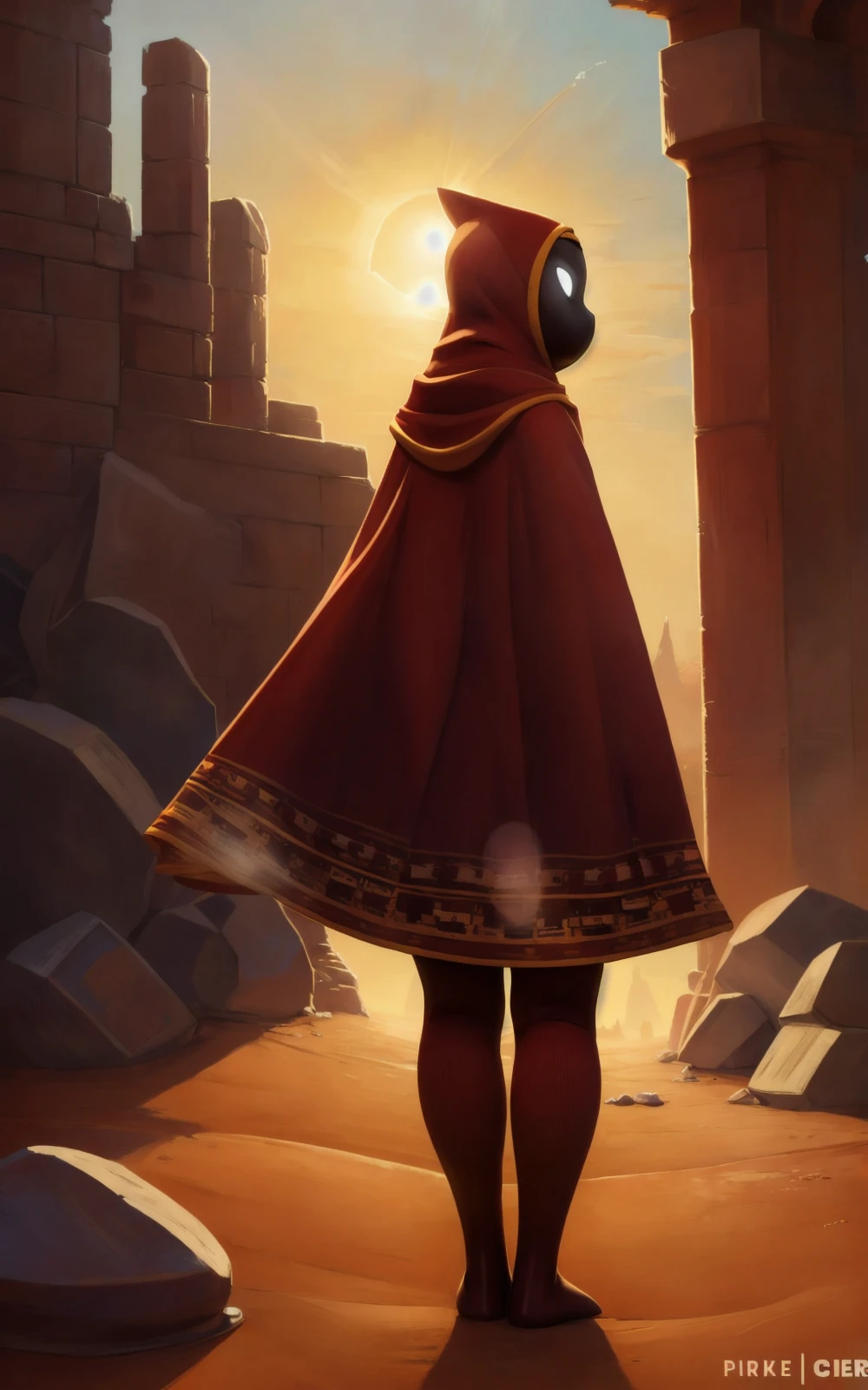 8k,4k,((Best quality, masterpiece, ultra high resolution)),((full body, by pixelsketcher)), <lora:Traveler:0.8>,traveler,hooded cloak,hood,hood up, robe, black skin,red thighhighs,tall,((scarf,featureless feet,standing)), dessert, ruins,sun,rear view,human,open cloack , wind,headband , golden headband,white eyes,blank eyes,human