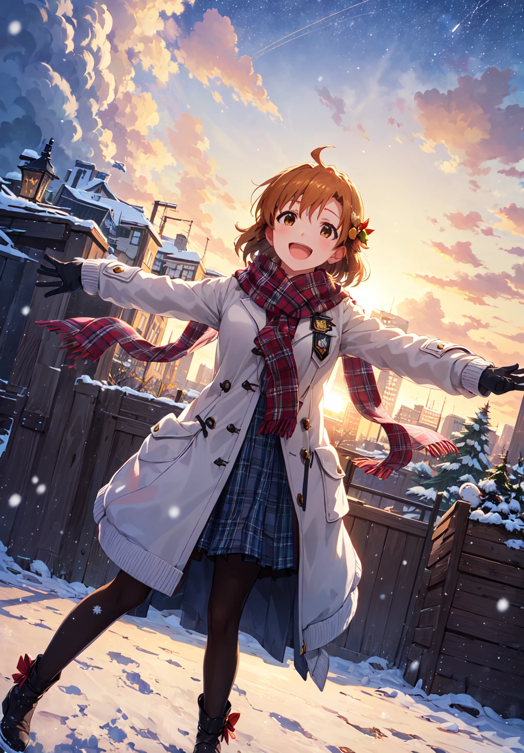 kana yabuki \(million live\), (best quality, 8K, masterpiece, ultra detailed:1.2), cinematic angle,
night, dappled sunlight, blue sky, beautiful clouds, cityscape, lens flare, sparkle, light particles, wide shot,
1girl, solo, slight smile, head tilt, cowboy, christmas, beautiful clouds, constellation, starry sky, snowing, reflective floor, snowflakes, (from below, full body:1.1), winter coat, sweater, open clothes, plaid scarf, black pantyhose, gloves, outstretched arms, :d,