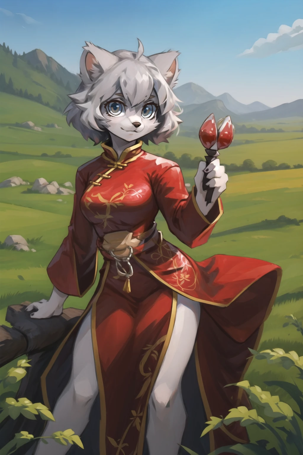 masterpiece, best quality,manul,tusun,looking at viewer,
furry girl,grey hair,chinese dress, outdoors,grass,prairie
<lora:Manul:0.6>