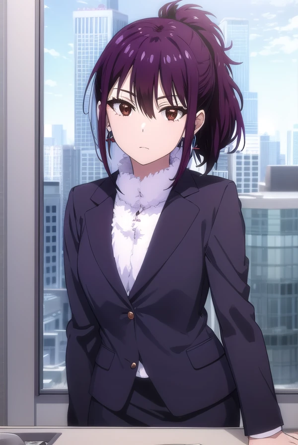 hanakirisaki, <lora:hana kirisaki s2-lora-nochekaiser:1>,
hana kirisaki, purple hair, (brown eyes:1.3), ponytail, short hair, hair between eyes,
BREAK formal, suit, office lady, fur trim, earrings,
BREAK outdoors,
BREAK looking at viewer, (cowboy shot:1.5),
BREAK <lyco:GoodHands-beta2:1>, (masterpiece:1.2), best quality, high resolution, unity 8k wallpaper, (illustration:0.8), (beautiful detailed eyes:1.6), extremely detailed face, perfect lighting, extremely detailed CG, (perfect hands, perfect anatomy),