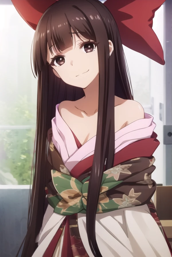 nenesaikyou, <lora:nene saikyou s1-lora-nochekaiser:1>,
nene saikyou, long hair, bangs, black hair, (brown eyes:1.5), bow, hair bow, blunt bangs, hime cut, red bow, smile,
BREAK bare shoulders, collarbone, japanese clothes, kimono, off shoulder,
BREAK indoors, classroom,
BREAK looking at viewer, (cowboy shot:1.5),
BREAK <lyco:GoodHands-beta2:1>, (masterpiece:1.2), best quality, high resolution, unity 8k wallpaper, (illustration:0.8), (beautiful detailed eyes:1.6), extremely detailed face, perfect lighting, extremely detailed CG, (perfect hands, perfect anatomy),