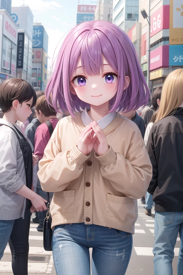 (cleavage:-1.5), insanely detailed, absurdres, ultra-highres, ultra-detailed, best quality,
1girl, solo, nice hands, perfect hands
BREAK
(loose fit cardigan:1.2), straight jeans, chain bracelet
BREAK
happy smile, laugh, closed mouth, standing,
,
seductive pose, cowboy shot
BREAK
slender, kawaii, perfect symmetrical face, ultra cute girl, ultra cute face, ultra detailed eyes, ultra detailed hair, ultra cute, ultra beautiful
BREAK
shibuya, akihabara, tokyo, street, crowd, cityscape
BREAK
medium breasts,
(purple hair, purple eyes),