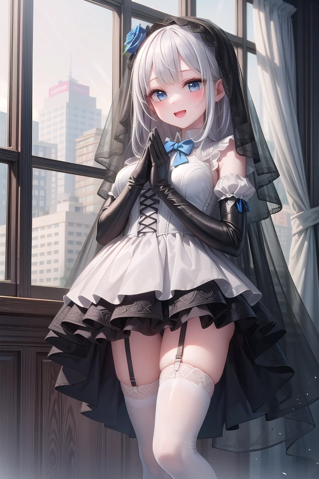 (cleavage:-1.5), insanely detailed, absurdres, ultra-highres, ultra-detailed, best quality,
1girl, solo, nice hands, perfect hands,
BREAK
(fusion of black mourning-dress and black wedding dress:1.2), (gothic dress:1.3), (light-blue and black theme:1.3), ((black mourning-veil, black see-through wedding-veil):1.5), ((black latex corset, light-blue breast-cup):1.4), (short puff-sleeve:1.3), ((white collar, tie-bow):1.3), ((ruffle-skirt, multilayer-skirt):1.4), ((stockings, garter belt):1.3), (see-through long gloves:1.3), (blue rose decoration on head:1.3), (high heels:1.1)
BREAK
happy smile, laugh, open mouth,
standing,own hands together,
cowboy shot,
BREAK
slender, kawaii, perfect symmetrical face, ultra cute girl, ultra cute face, ultra detailed eyes, ultra detailed hair, ultra cute, ultra beautiful,
BREAK
cityscape in tokyo, ultra detailed background, blue sky, bay side, panorama view,
medium breasts, white hair, blue eyes