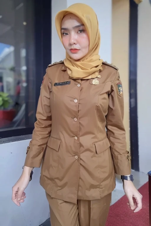 (8k, (RAW photo:1.2), (photorealistic:1.3), realistic, photorealistic, best quality, depth of field, ultra high res, masterpiece, chromatic aberration:1.1), (looking at viewer:1.21), (2 woman wearing hijab), breasts, thighs, <lora:PNS:1> uniform, pants