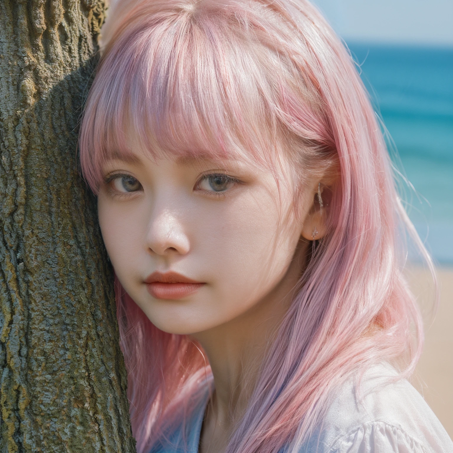 ((masterpiece)),((best quality)),((8k)),(((1girl))),fresh,outdoors,tree,seaside,sand,suneate,(blue:pink:hair),<lora:fresh:0.5>,(close-up),