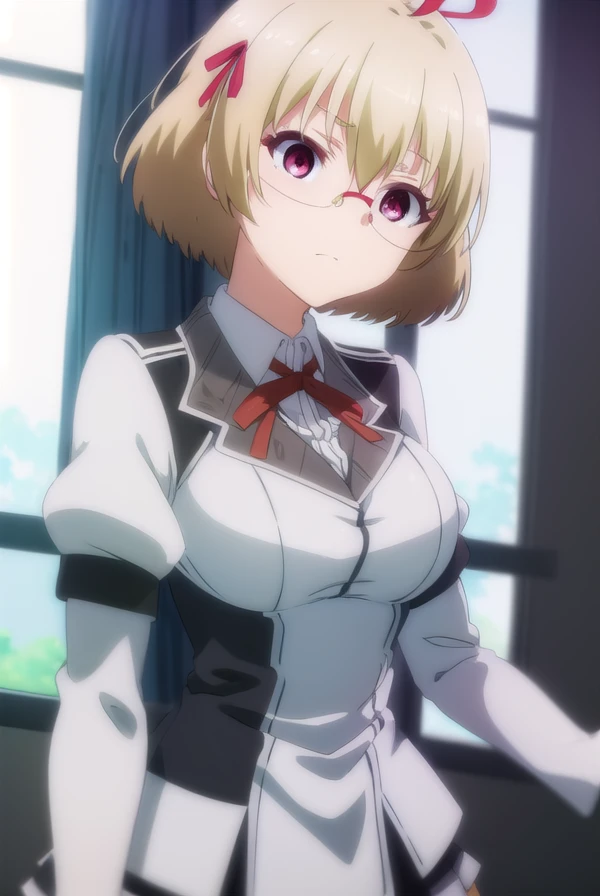 kagamikusakabe, <lora:kagami kusakabe s1-lora-nochekaiser:1>,
kagami kusakabe, short hair, blonde hair, (red eyes:1.3), ribbon, hair ribbon, ahoge, glasses,
BREAK skirt, long sleeves, school uniform, juliet sleeves,
BREAK indoors, classroom,
BREAK looking at viewer, (cowboy shot:1.5),
BREAK <lyco:GoodHands-beta2:1>, (masterpiece:1.2), best quality, high resolution, unity 8k wallpaper, (illustration:0.8), (beautiful detailed eyes:1.6), extremely detailed face, perfect lighting, extremely detailed CG, (perfect hands, perfect anatomy),