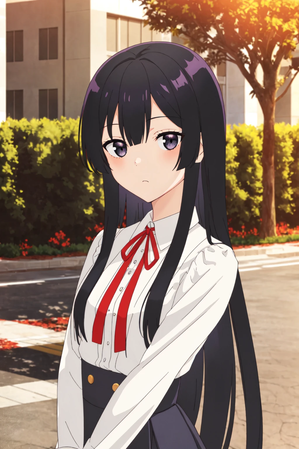 eumi, 1girl, solo, long hair, blunt bangs,bangs, black hair, black eyes, looking at viewer, shirt, long sleeves, ribbon, closed mouth, school uniform, white shirt, upper body,  red ribbon, neck ribbon, expressionless, outdoors, school