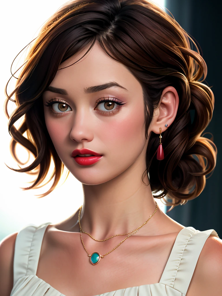 Realistic photo of a beautiful 0lg4k woman, 1girl,solo,brown hair,bare shoulders,brown eyes,jewelry,earrings,necklace,lips,makeup,lipstick,portrait,realistic,red lips, soft lighting, professional Photography, Photorealistic, detailed, RAW, analog, sharp focus, 8k, HD, high quality, masterpiece<lora:0lg4k:1.0>