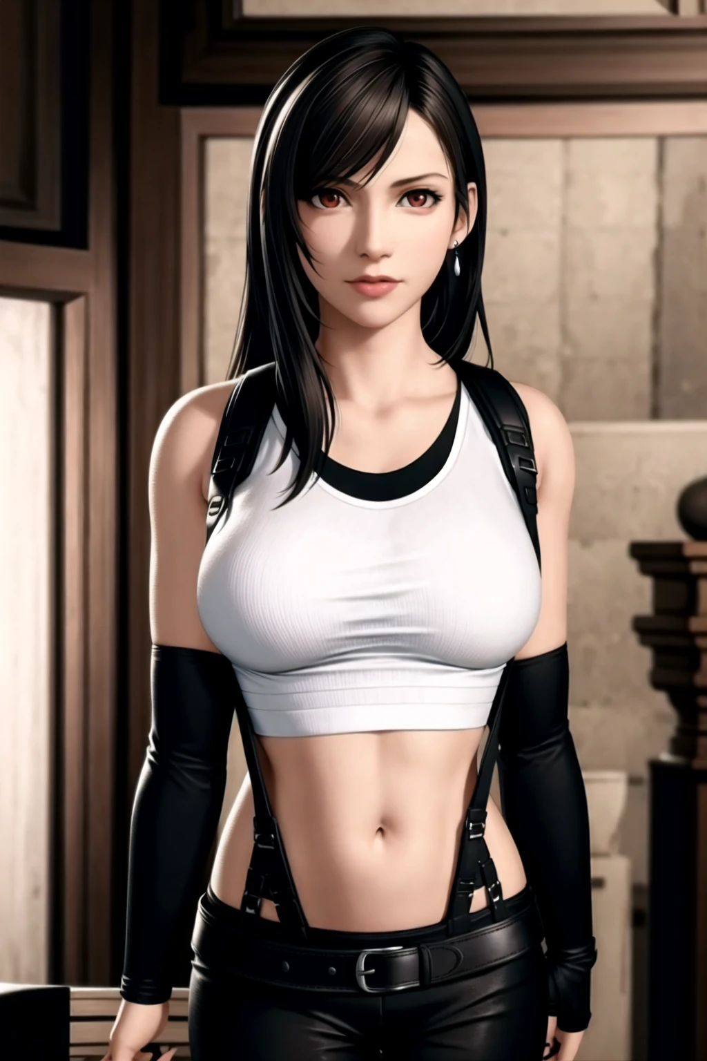 (masterpiece:1.2), best quality, masterpiece, highres, original, extremely detailed wallpaper, perfect lighting,(extremely detailed CG:1.2), drawing, paintbrush, 1girl, black hair, breasts, brown eyes, earrings, elbow gloves, gloves, jewelry, lips, long hair, looking at viewer, realistic, shirt, solo, suspenders, tank top, taut shirt, tifa lockhart, upper body,<lora:tifa:0.6>