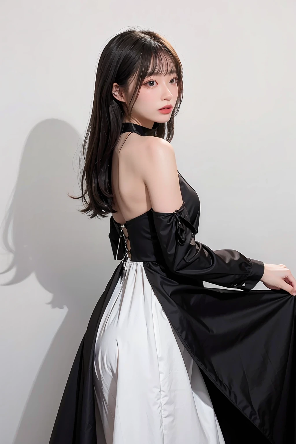 1girl, black formal long dress,white background, <lora:ysw_swy-04:1>
