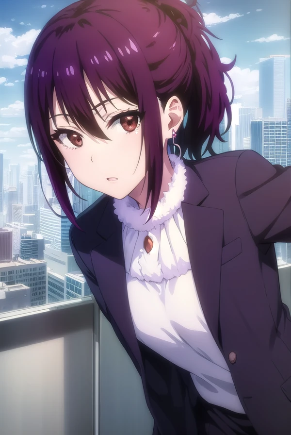 hanakirisaki, <lora:hana kirisaki s2-lora-nochekaiser:1>,
hana kirisaki, purple hair, (brown eyes:1.3), ponytail, short hair, hair between eyes,
BREAK formal, suit, office lady, fur trim, earrings,
BREAK outdoors,
BREAK looking at viewer, (cowboy shot:1.5),
BREAK <lyco:GoodHands-beta2:1>, (masterpiece:1.2), best quality, high resolution, unity 8k wallpaper, (illustration:0.8), (beautiful detailed eyes:1.6), extremely detailed face, perfect lighting, extremely detailed CG, (perfect hands, perfect anatomy),