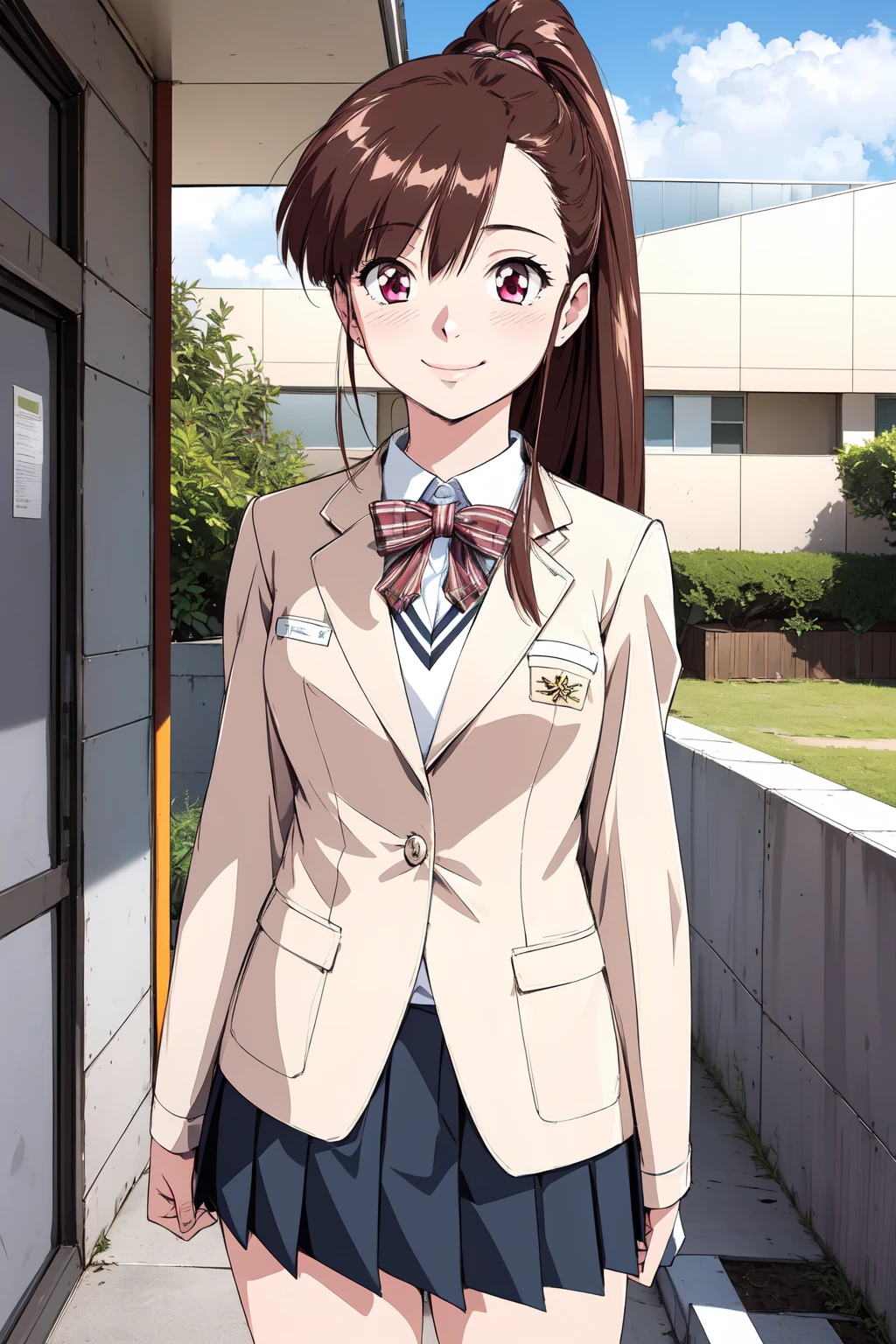 (RAW photo, best quality), 1girl,  natural lighting, smile, outdoor,
 <lora:innai_kansen_iwasaki_rumi_v2_2:1>, iwasaki rumi,
school uniform, JK, blazer, ribbon,