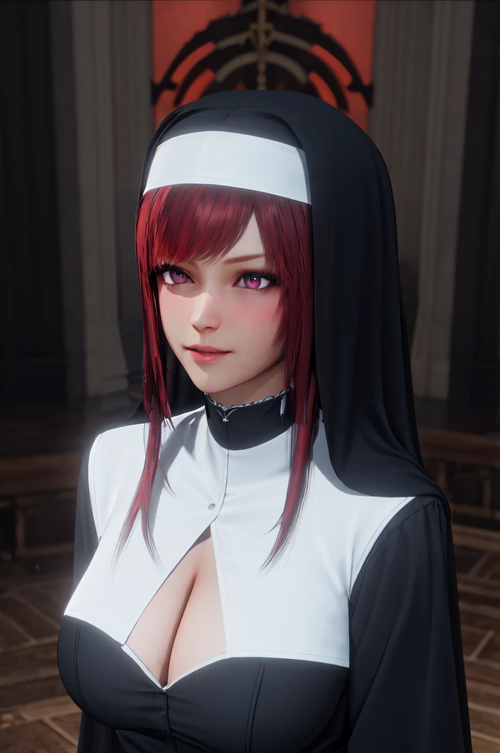 mature female, nun, pink eyes, (demon horns:1.1), red hair, long hair, (dark:1.1), chapel, cleavage, red lighting
BREAK upper body, realistic, 3d, naughty face, light smile, (glowing eyes:.08), (heavy breathing :1.1), 
<lora:3d-19(1):1>