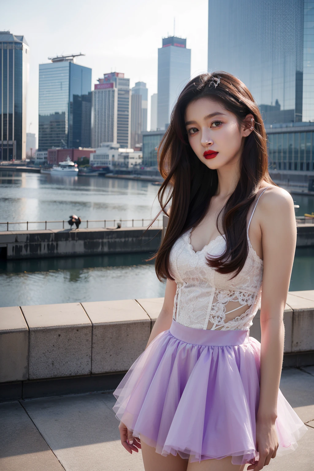 1girl,upper body,looking at viewer, standing,
princess tutu, black,purple,
brown hair, long hair,
cityscape, beijing,
masterpiece,best quality,highres, photorealistic, 
 <lora:xiaotong-000010:0.5>