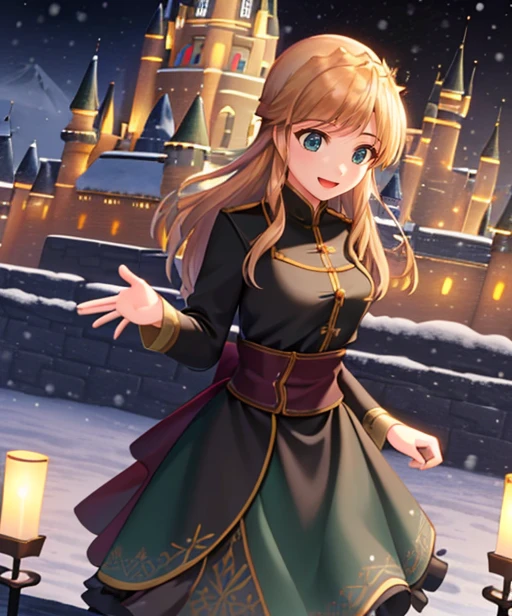 (adult woman), (1girl, solo), long-sleeved black tunic, smile, open mouth, ((fantasy castle, city, snow)), (aurora, night), ((best quality, high detail)), ((masterpiece)), <lora:anna_of_arendelle_v22:.6> , (anna of arendelle), <lora:1_bekkankou:1>