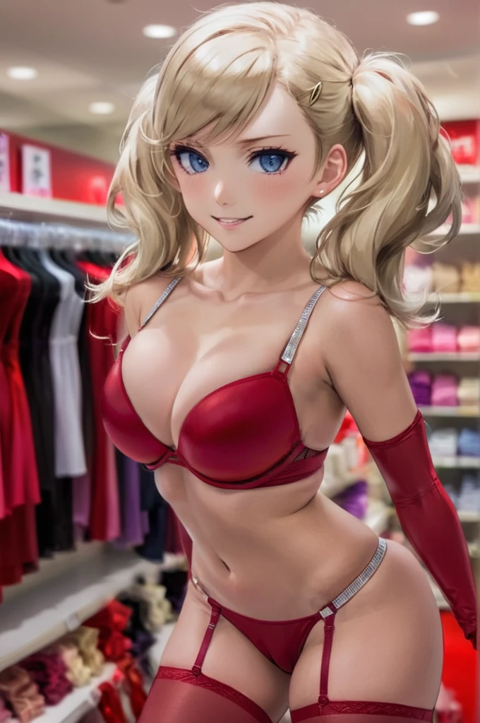 2D anime of a beautiful Takamaki Ann woman wearing a shinestrap red bra and shinestrap panties in a lingerie store, elbow gloves, smirk, cleavage, depth of field, bokeh
<lora:Shinestrap_XL:1>  <lora:char_xl.Takamaki Ann-000016:0.8>