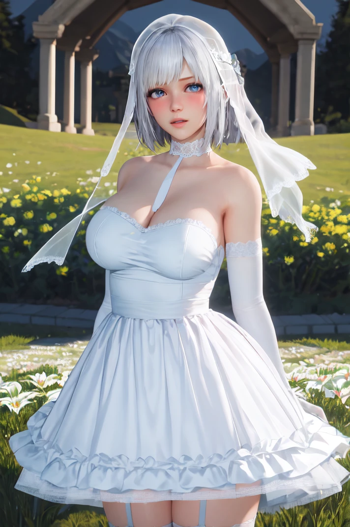 realistic, 1girl, short hair, (white hair:1.1), bare shoulders, veil, white negligee, wedding dress, looking at viewer, blue eyes, lips, parted lips, dress, halterneck, wide hips, petite, smooth skin, matte skin, makeup, deep skin, white choker, elbow gloves, large breasts, outdoors, wedding, (flower arch:1.2), lily (flower), grass, short skirt, white thighhighs, white garters, garter straps, blush, mountain range, in focus, white gloves, bokeh, blurry, subsurface scattering, volumetric lighting
<lora:3d-19(1):1>