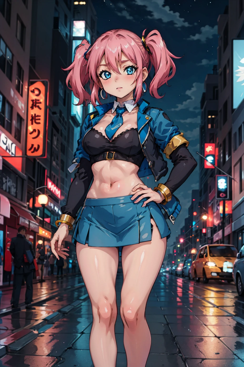 best quality, masterpiece, <lora:Degen-EmilyV2:.85>  emily, short hair, twintails, jewelry, (blue jacket:1.2), strapless, thin armband, bracelet, short necktie, blue miniskirt, navel, thighs, cityscape, night, looking at viewer, hand on hip, long sleeves,