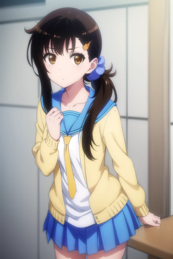 haruonodera, <lora:haru onodera s2-lora-nochekaiser:1>,
haru onodera, long hair, brown hair, black hair, hair ornament, (brown eyes:1.3), hairclip, side ponytail, scrunchie,
BREAK cardigan, yellow cardigan, skirt, shirt, thighhighs, school uniform, collarbone, white shirt, pleated skirt, necktie, serafuku, sailor collar, red ribbon, blue skirt, blue sailor collar,
BREAK indoors, classroom,
BREAK looking at viewer, (cowboy shot:1.5),
BREAK <lyco:GoodHands-beta2:1>, (masterpiece:1.2), best quality, high resolution, unity 8k wallpaper, (illustration:0.8), (beautiful detailed eyes:1.6), extremely detailed face, perfect lighting, extremely detailed CG, (perfect hands, perfect anatomy),