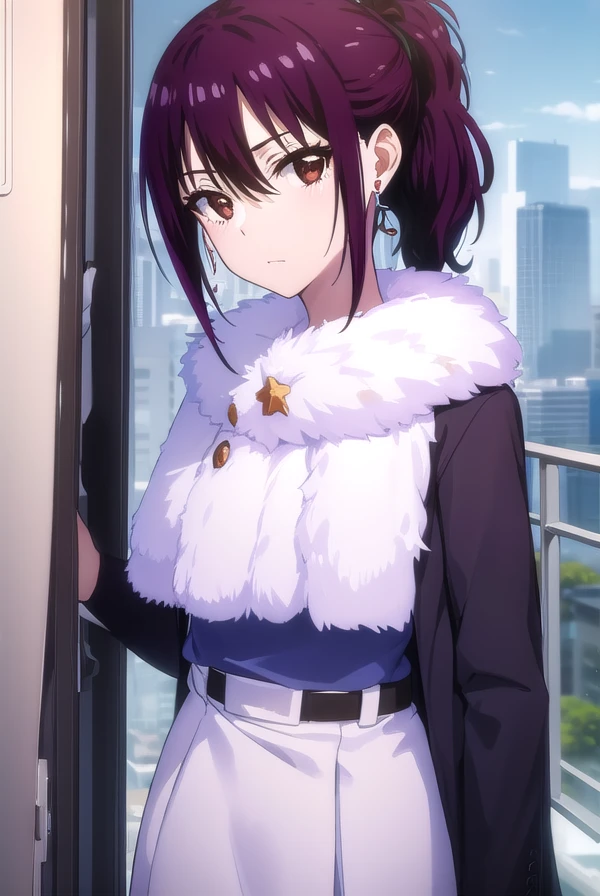 hanakirisaki, <lora:hana kirisaki s2-lora-nochekaiser:1>,
hana kirisaki, purple hair, (brown eyes:1.3), ponytail, short hair, hair between eyes,
BREAK formal, suit, office lady, fur trim, earrings,
BREAK outdoors,
BREAK looking at viewer, (cowboy shot:1.5),
BREAK <lyco:GoodHands-beta2:1>, (masterpiece:1.2), best quality, high resolution, unity 8k wallpaper, (illustration:0.8), (beautiful detailed eyes:1.6), extremely detailed face, perfect lighting, extremely detailed CG, (perfect hands, perfect anatomy),