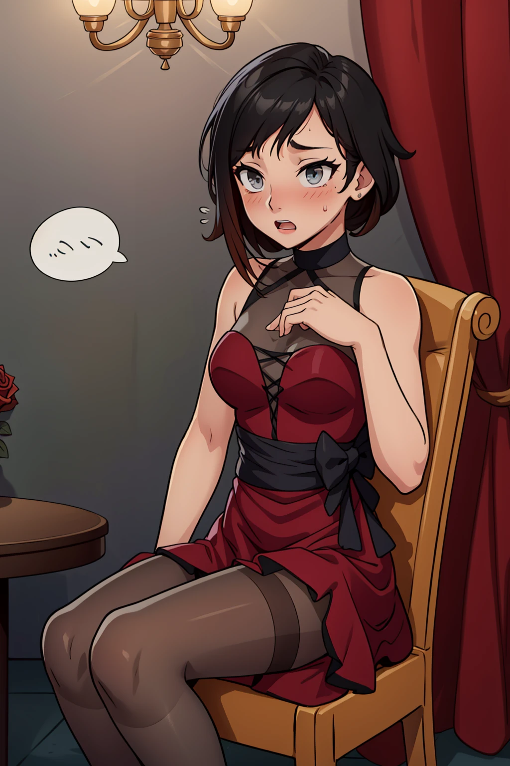 solo,  <lora:RubyDance2-05:1>, ddirose, grey eyes, black gradient hair, dress, pantyhose, high heels, bow, sitting, chair, ballroom, night, distant mountains, curtains, embarrassed, blushing, (spoken flying sweatdrops),