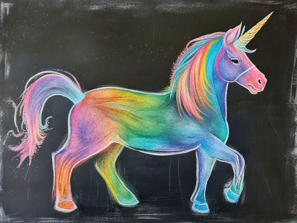 A colorful  ChalkBoardDrawing  of a rainbow Unicorn <lora:SDXL_ChalkBoardDrawing_LoRA_r8:1.0>